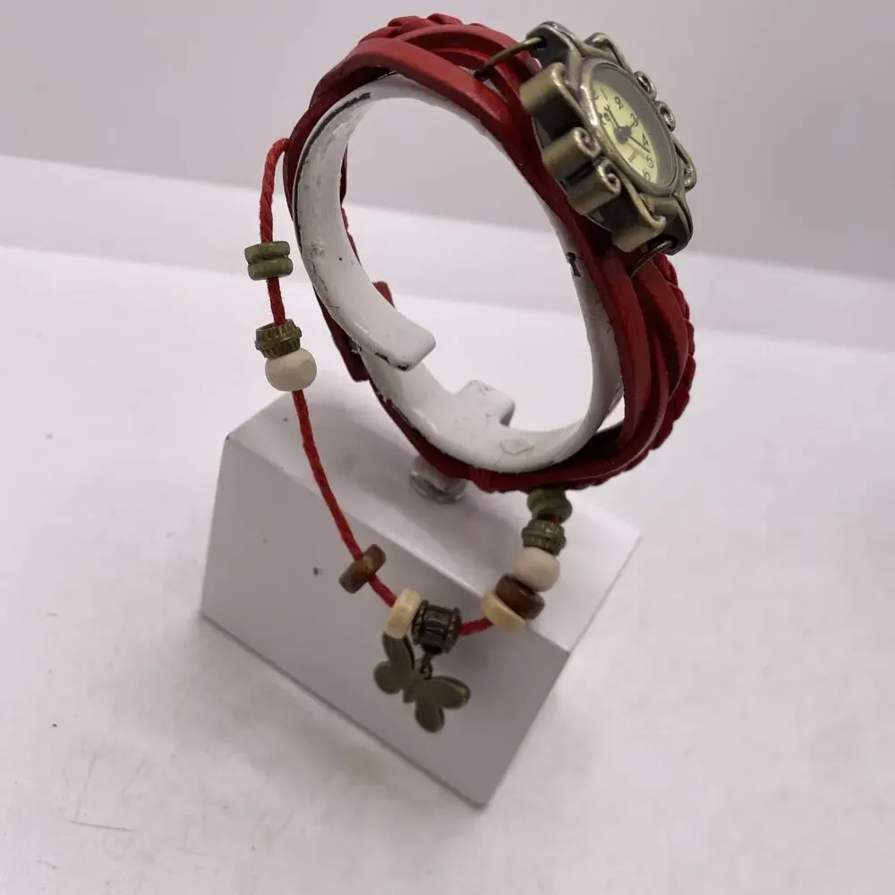 Womens Red Leather Beaded Brass Watch New Battery